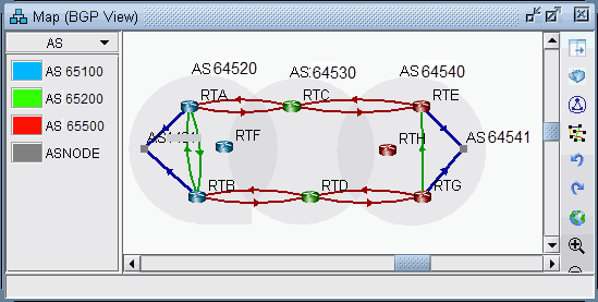Network topology diagram showing BGP view with AS 65100 in blue, AS 65200 in green, AS 65500 in red, and several gray AS. Labeled routers RTA to RTG connect AS, visualizing routing paths.