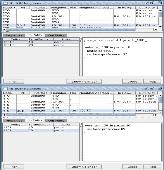Screenshot of a network tool showing BGP neighbors and routing policies. Includes table with neighbor details and configurations, and inbound policy sequences setting local preferences.