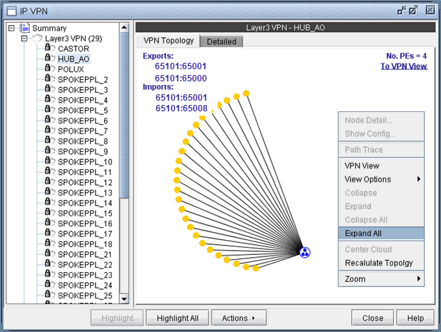 Graphical representation of an IP VPN topology with a hub-and-spoke structure. Central hub node labeled HUB_AO connects to surrounding spoke nodes like SPOKEPL_1 and SPOKEPL_2. Displays BGP route targets for VPN routing.