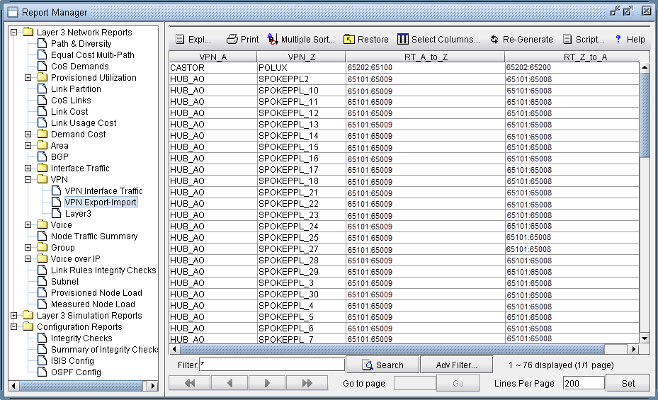 Report Manager interface showing VPN Export-Import report with columns VPN_A, VPN_Z, RT_A_to_Z, and RT_Z_to_A.