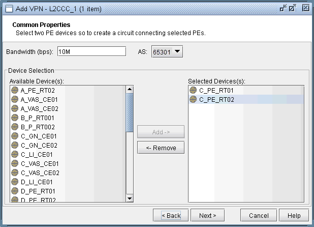 Screenshot of VPN connection interface labeled Add VPN - L2CC_1. Bandwidth set to 10M and AS number 65301. Selected devices: C_PE_RT01, C_PE_RT02.