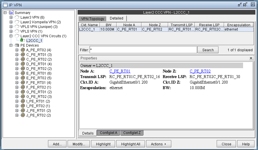 Network management interface showing Layer 2 CCC VPN configuration for L2CCC_1 with nodes C_PE_RT01 and C_PE_RT02 with 10M bandwidth.