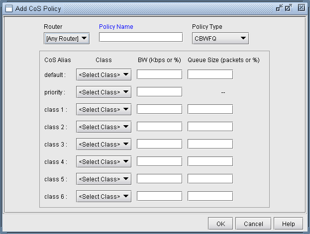 Graphical user interface for configuring a Class of Service policy with options for router selection, policy name, type, CoS aliases, bandwidth, queue size, and buttons for OK, Cancel, and Help.