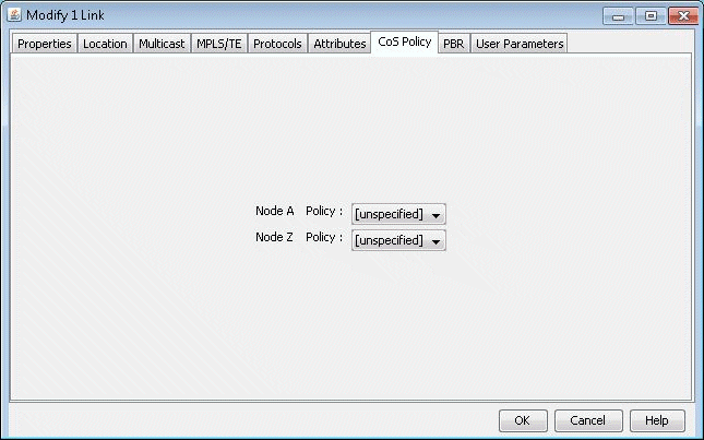 Modify 1 Link interface showing CoS Policy tab with Node A and Node Z policies set to unspecified. Buttons: OK, Cancel, Help.