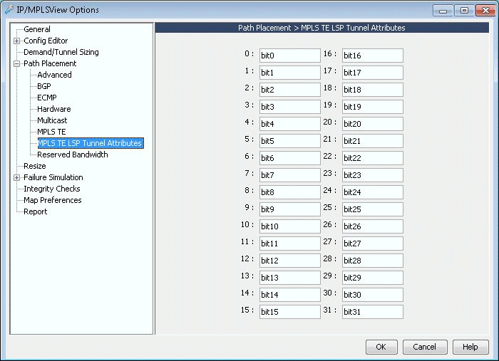 IP/MPLSView Options window for configuring MPLS TE LSP Tunnel Attributes with bit labels from bit0 to bit31 and OK, Cancel, Help buttons.