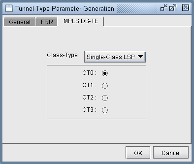 Tunnel Type Parameter Generation window: MPLS DS-TE tab with Class-Type dropdown set to Single-Class LSP, CT0 selected, OK and Cancel buttons below.