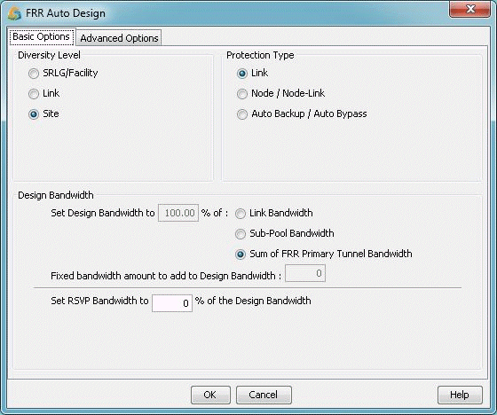 Configuration window for FRR Auto Design in network software, showing options for Diversity Level, Protection Type, and Design Bandwidth, with OK, Cancel, and Help buttons.