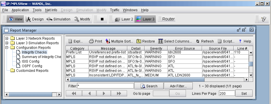IP/MPLSView screenshot showing Report Manager with network report categories and details on configuration issues.