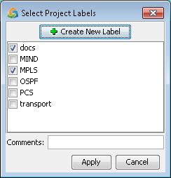 Select Project Labels dialog with checked labels: docs, MPLS, and OSPF. Create New Label button, comment box, Apply and Cancel buttons.