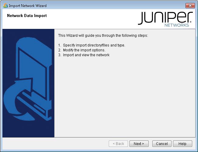 Import Network Wizard from Juniper Networks with steps to specify import files, modify options, and import network. Navigation buttons: Back, Next, Cancel, Help.