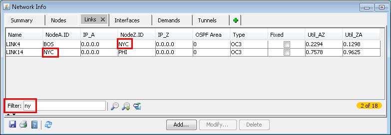 Network management tool screenshot displaying Network Info window with tabs like Summary and Links. Links table shows details: link names, starting and ending nodes, IPs, OSPF areas, connection types, and utilization metrics. Filter box with ny entered. Page 2 of 18.