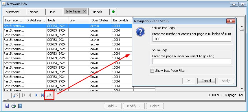 Software interface for network management showing a table with network interface details. Navigation Page Setup dialog open with pagination settings. Red arrow highlights button for opening the dialog.