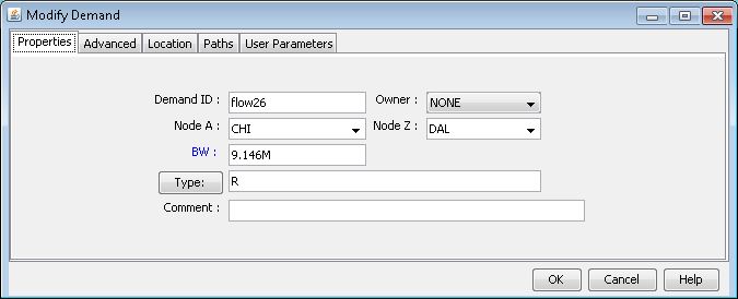 Modify Demand dialog box with tabs for configuring demand properties; active tab Properties shows fields: Demand ID flow26, Node A CHI, Node Z DAL, BW 9.146M, Type R, Owner NONE.