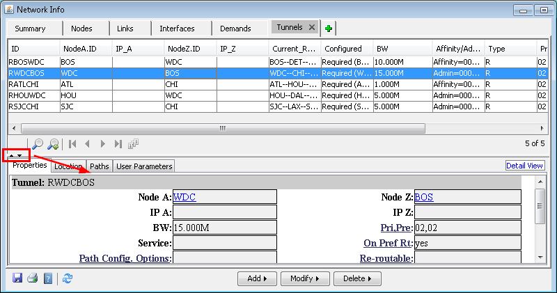 Network management GUI showing tabs for different network sections and a table listing tunnel details with columns for ID, nodes, IPs, routing, bandwidth, and type. A row "RWDCBOS" is highlighted with details for this tunnel displayed below. Toolbar includes options to add, modify, or delete tunnels.