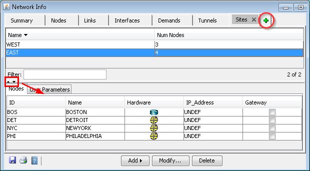 Screenshot of a network management interface showing tabs for Summary, Nodes, Links, Interfaces, Demands, Tunnels, and Sites. The Nodes section lists node details like ID, Name, Hardware, IP Address, and Gateway. Includes a filter field, buttons for Add, Modify, Delete, a red arrow pointing to a dropdown, and a green plus button circled in red for adding nodes.