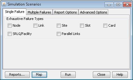 Simulation Scenarios software interface for network analysis with tabs for failure types and buttons for reports and execution.