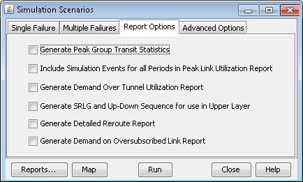 Simulation Scenarios interface with Report Options tab open, showing checkboxes for various report types and buttons for Reports, Map, Run, Close, and Help.