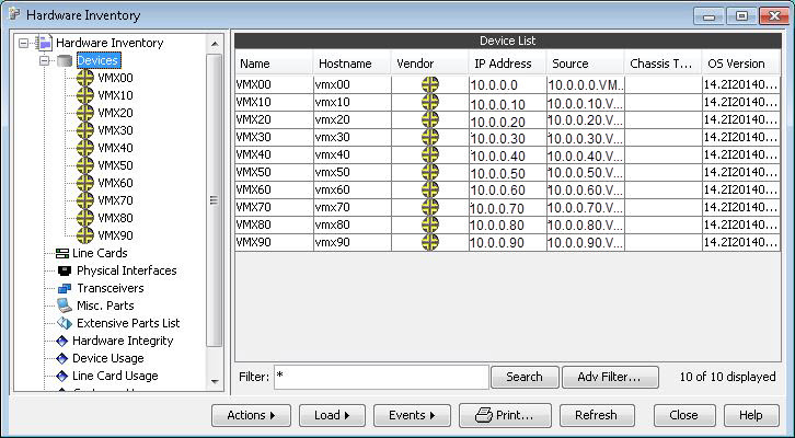 Software interface for managing network hardware inventory with a hierarchical tree of device categories on the left and a detailed device list on the right, including device name, hostname, vendor, IP address, source, chassis type, and OS version. Bottom section includes action buttons and a filter field.