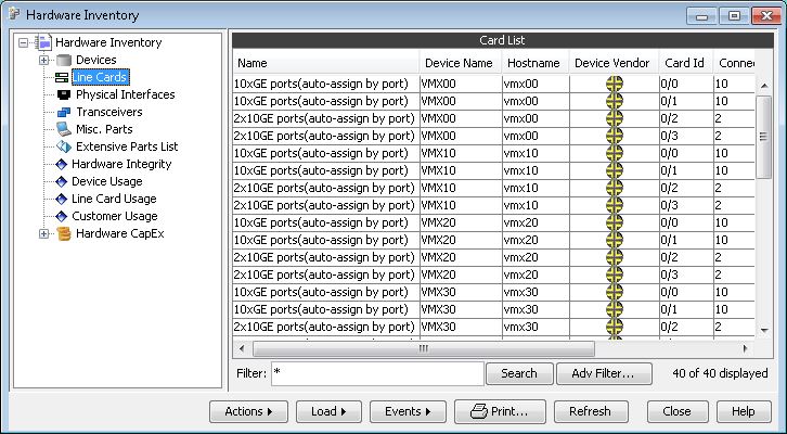 Screenshot of a Hardware Inventory software interface with a tree view on the left and detailed line card info on the right.