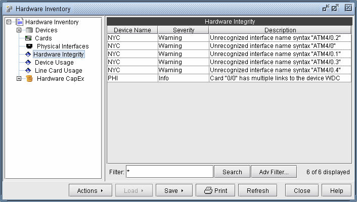 Software interface for managing hardware inventory with a hierarchical menu on the left and a table under Hardware Integrity on the right.