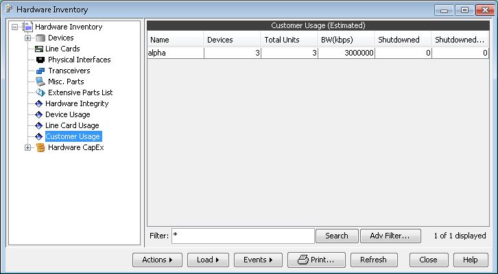 Software interface for hardware inventory management showing Customer Usage table with one entry for alpha. Highlighted category is Customer Usage. Columns include Name, Devices, Total Units, BW kbps, Shutdowned. Options for filtering and actions available.