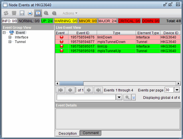 Node Events interface for device HKG3640 showing event types like linkDown and mplsTunnelUp, with color-coded status: red for critical, green for normal.