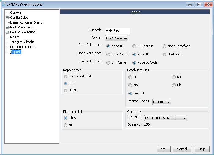 IP/MPLSView Options window for report settings: Runcode mpls-fish, Owner Don't Care, Path Reference Node ID, Node Reference Hostname, Link Reference Node to Node, Report Style HTML, Bandwidth Unit Best Fit, Distance Unit km, Currency USD. Navigation pane with Report selected.
