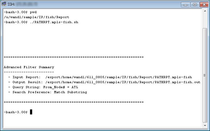Bash terminal running PATHRPT.mpls-fish.sh script shows Advanced Filter Summary with input report path, output results path, query string From_Mode# ATL, and search preference Match Substring.