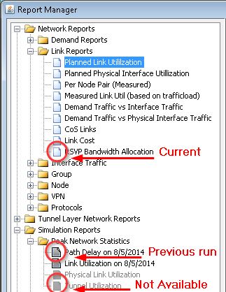 Report Manager window with network report categories. Planned Link Utilization is Current. Path Delay on 8/5/2014 is Previous run. Unpl. Utilization is Not Available.