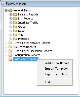 Report Manager window displaying a directory tree with categories like Network Reports and a context menu with options Add a new Report and Import Template.