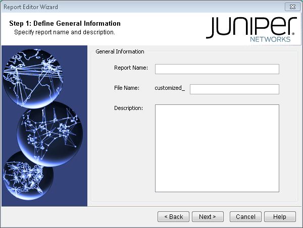 Report Editor Wizard Step 1 from Juniper Networks. Enter report name, file name, and description. Navigate with Back, Next, Cancel, Help buttons.