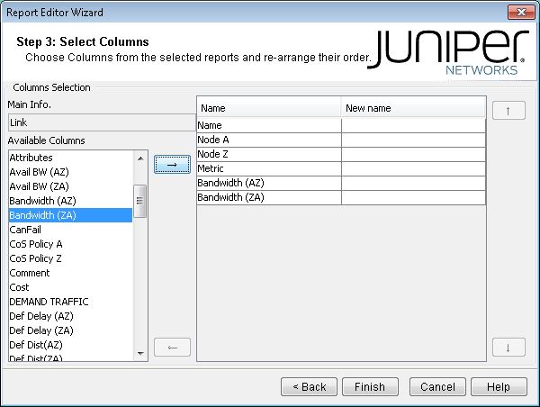 Report Editor Wizard in Step 3: Select Columns, showing available and selected columns with navigation buttons and Juniper Networks logo.