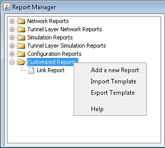 Report Manager interface with a hierarchical list of report categories and a context menu in Customized Reports folder with options to add or import a report.