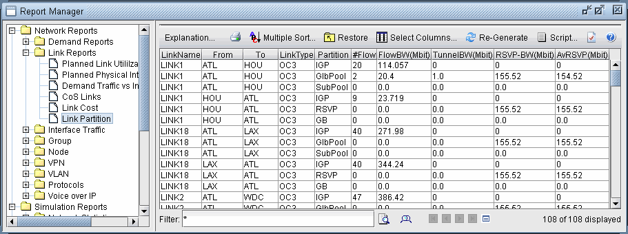 Report Manager interface with a tree view of network report categories and a data table detailing Link Partition info such as LinkName, From, To, LinkType, and bandwidth.