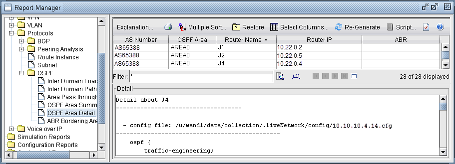 Report Manager interface for network analysis, showing a table of OSPF details like AS Number, OSPF Area, and Router IP.