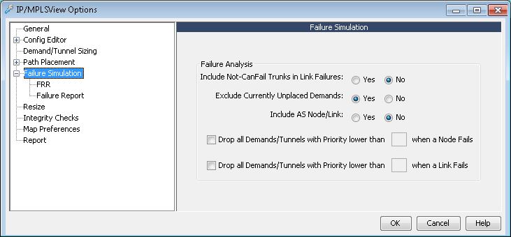 Software options window titled IP/MPLSView Options with Failure Simulation settings including trunk and demand options, and buttons OK, Cancel, Help.