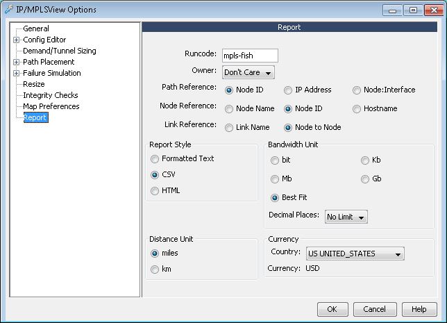 Software configuration window titled IP/MPLSView Options for network report settings with fields for Run Code, Owner, Path Reference, Node Reference, Link Reference, Report Style, Bandwidth Unit, Decimal Places, Distance Unit, and Currency. Includes options for OK, Cancel, and Help.