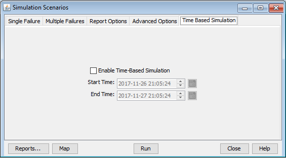 Simulation Scenarios interface with Time Based Simulation tab selected showing unchecked enable option, start and end times set, and buttons for Reports, Map, Run, Close, Help.