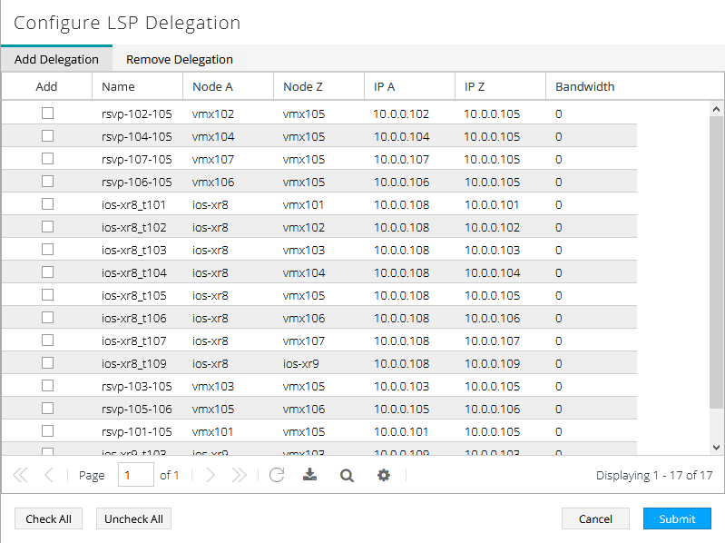 Configuration interface for LSP Delegation in MPLS networks with options to add or remove delegations. Features include a table with LSP details such as Name, Node A and Z, IPs, and Bandwidth. Controls for selection, pagination, downloading, and submitting changes available.