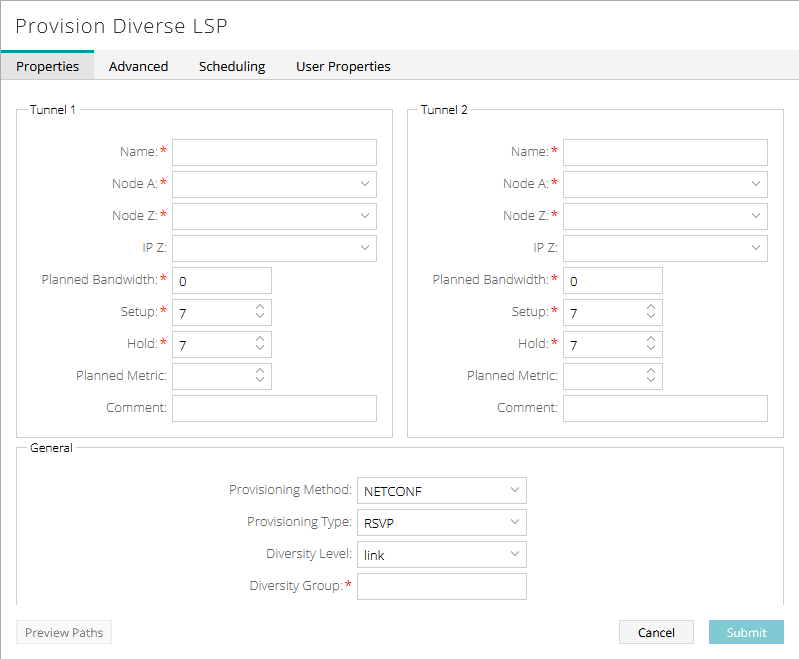User interface for configuring dual LSP tunnels in network management, with fields for Name, Nodes, IPs, Bandwidth, and settings for Provisioning and Diversity.