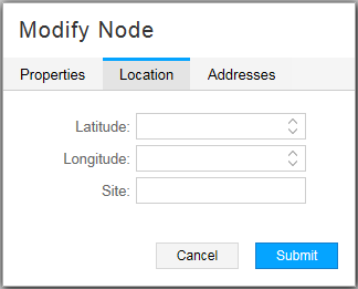 User interface for modifying node location with tabs: Properties, Location selected, Addresses. Fields for Latitude, Longitude, Site. Cancel and Submit buttons.