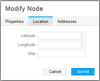 User interface for modifying node information with Location tab selected showing fields for Latitude Longitude and Site information with Cancel and Submit buttons.