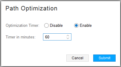 Path Optimization settings interface with Enable timer selected, timer set to 60 minutes, and Submit button highlighted.
