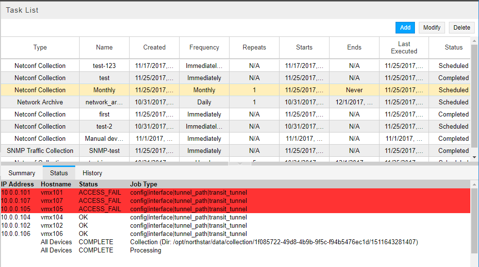 Screenshot of a network management tool showing task list with types, names, frequencies, and statuses. Below, device summary with IPs, hostnames, and job statuses. Red rows indicate failures, white rows indicate success.