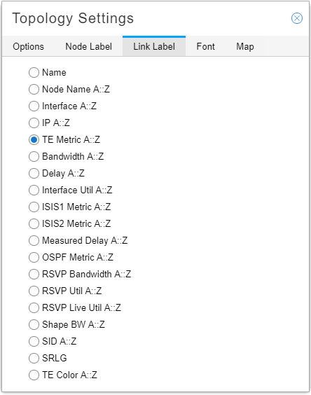 Topology Settings dialog box under Link Label tab with TE Metric A:Z selected for link labeling.
