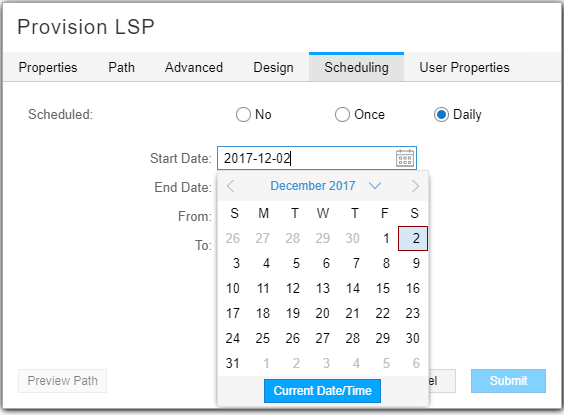 User interface for scheduling tasks in Provision LSP. Daily schedule selected for December 2, 2017.