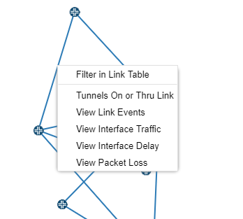 Network diagram with nodes and links; context menu options include Filter in Link Table, Tunnels On or Thru Link, View Link Events, View Interface Traffic, View Interface Delay, View Packet Loss.