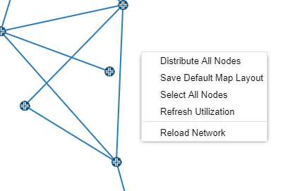 Network diagram with nodes and connections, context menu open with options: Distribute All Nodes, Save Default Map Layout, Select All Nodes, Refresh Utilization, Reload Network.