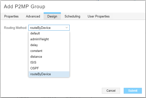 Configuration interface for adding a P2MP Group in a network management tool. Design tab shows routing method options like default, delay, and OSPF. Submit and Cancel buttons at the bottom.