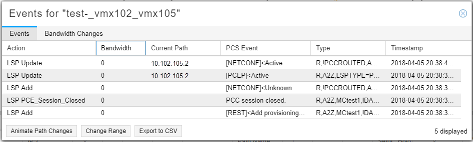 Network event log interface showing events for test-_vmx102_vmx105, with columns for Action, Bandwidth, Current Path, PCS Event, Type, and Timestamp. Buttons: Animate Path Changes, Change Range, Export to CSV.
